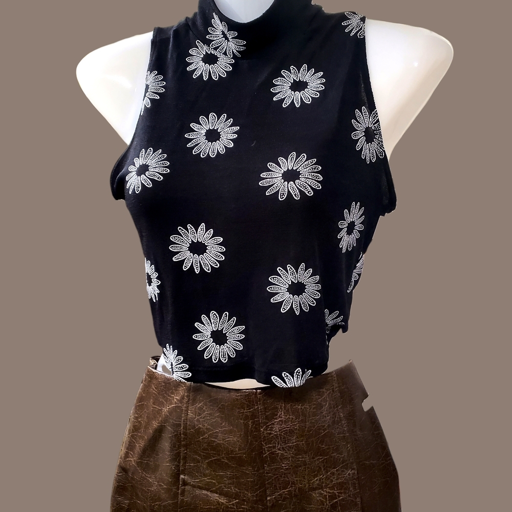 Charlotte Russe Black Crop Top with White Floral Pattern
